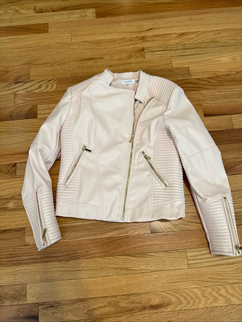 Calvin Klein Blush Cream Moto Vegan Leather Jacket with Gold Hardware